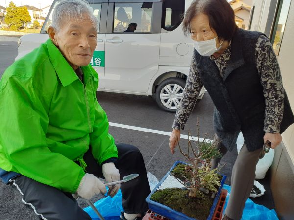 奥様に手伝ってもらって、趣味の盆栽作り。ようやく梅の枝があってよかったですね♡